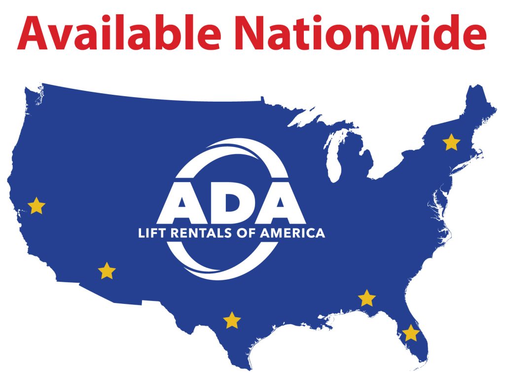 ADA Lift Rentals of America is available nationwide. Map of the United States with stars showing warehouse locations