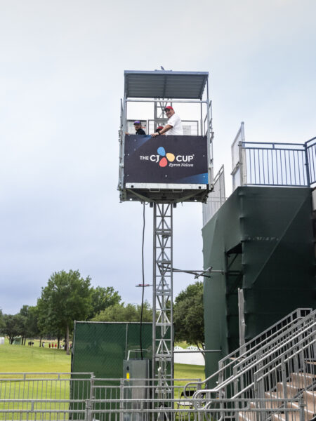 Transport Platform accessibility lift at the Byron Nelson Golf Tournament. Lift shown accessing a hospitality structure.